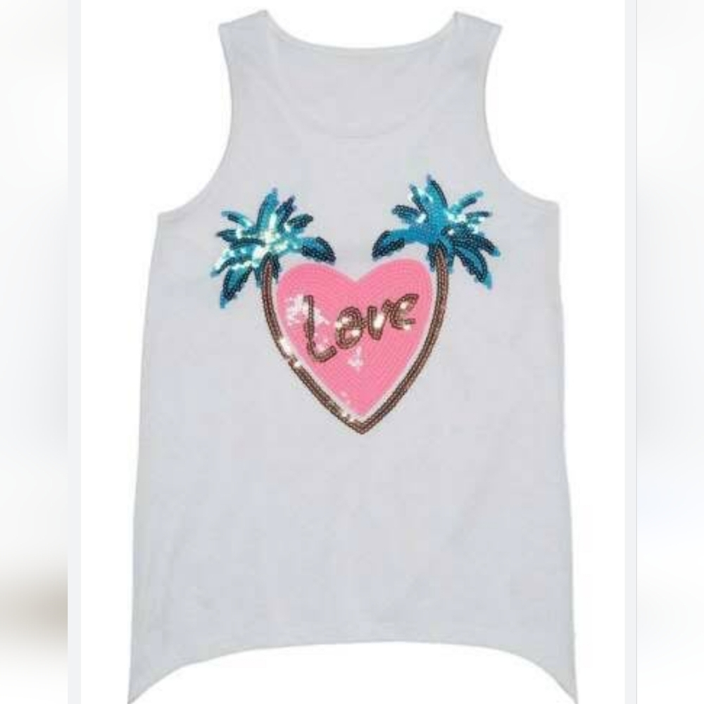 Arizona Jean Company White Sequin Palm Tree Heart Tank Size 2XL Girls 20 1/2 NWT